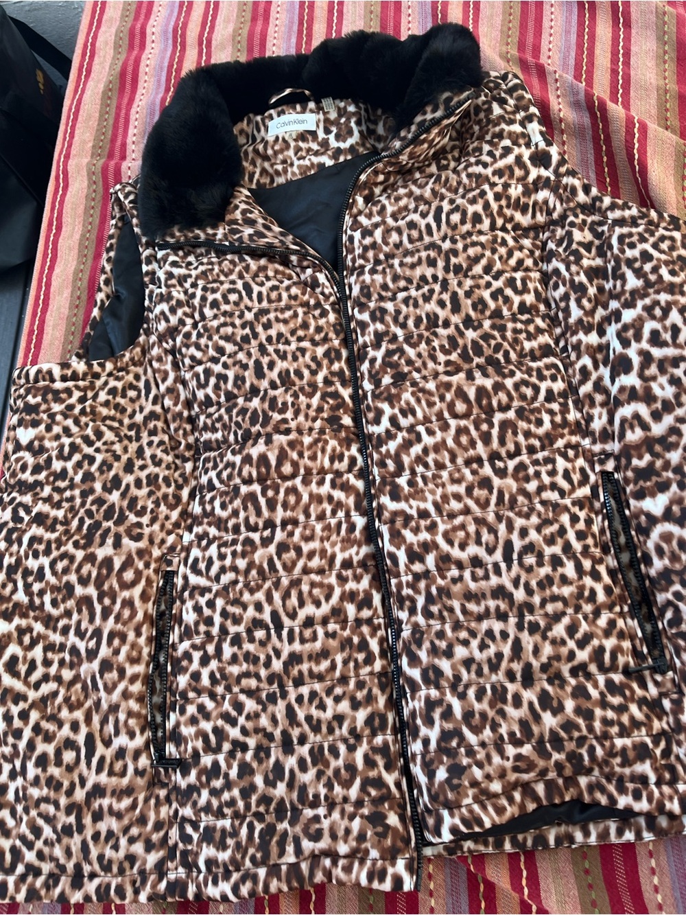 Calvin Klein Leopard Print Puffer Vest with Faux Fur Collar - Brown/Black
